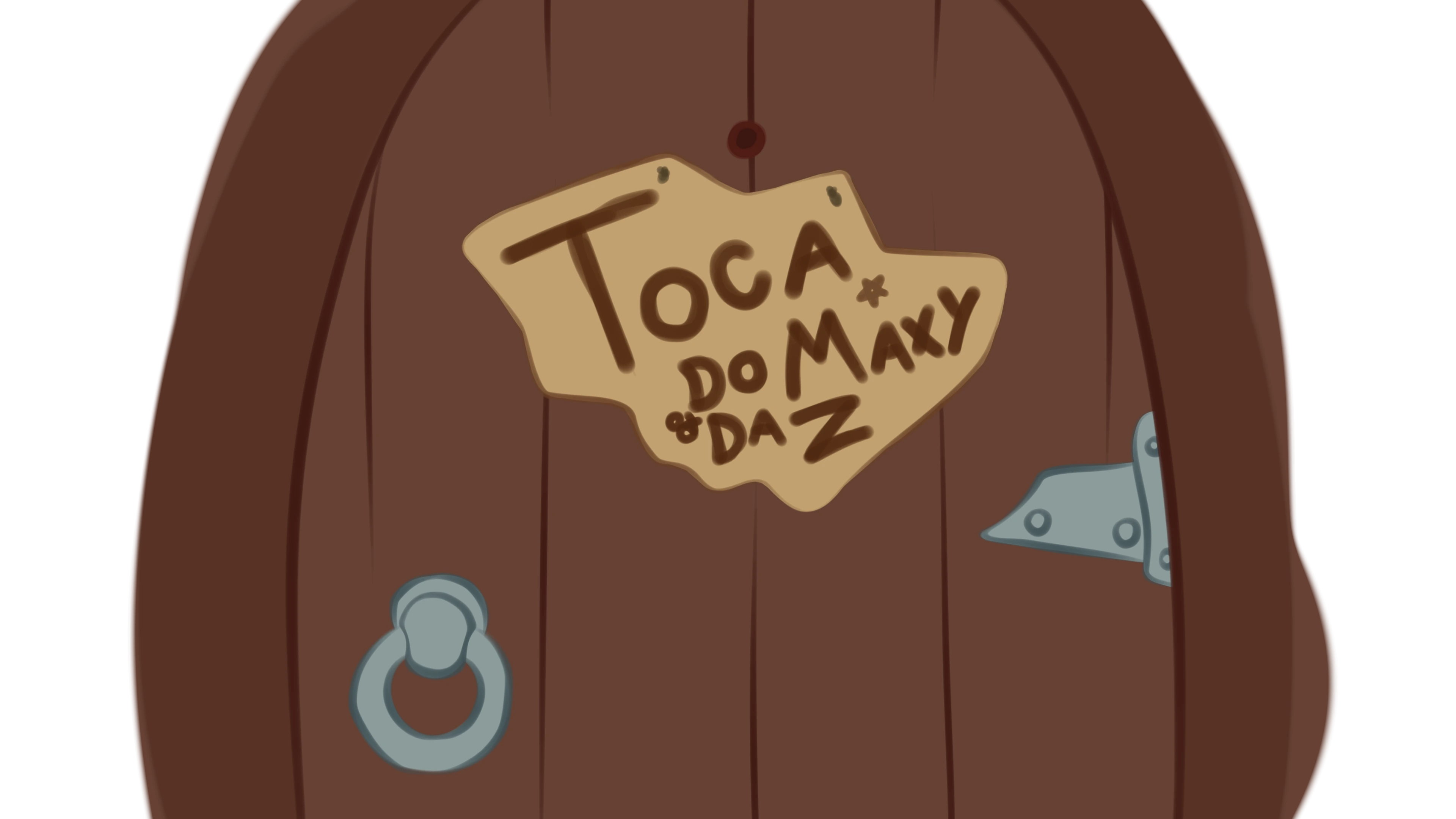 Porta de madeira arredondada com uma placa pendurada escrita: Toca do Maxy e da Z